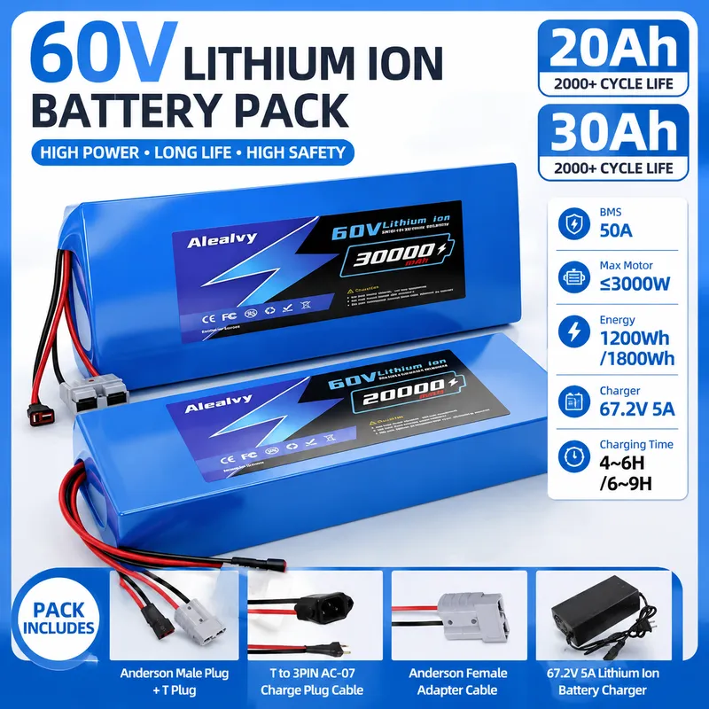 60V 30Ah Electric Scooter Battery - 電動バイク、スクーター、自転車用 60V 20AH 30AH 21700 リチウムバッテリーパック。1000W、2000Wモーターに対応。50A